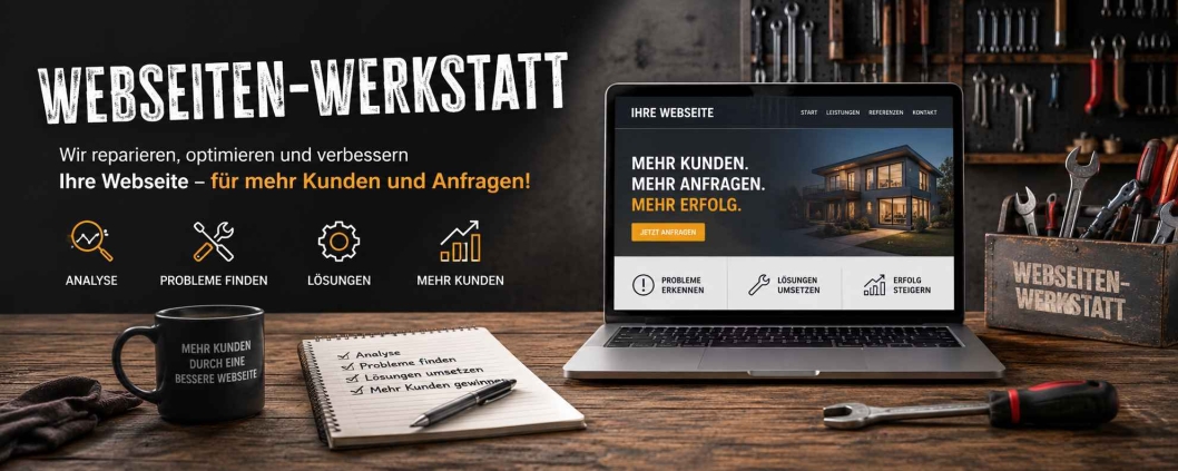 Das Problem-Lösungs-Zentrum für Handwerksbetriebe  Über 150 typische Webseiten-Probleme, Kundenbremsen und Fehler – mit verständlichen Lösungen, Tipps und Praxisbeispielen. Finden Sie heraus, wo Ihre Webseite Aufträge verliert.